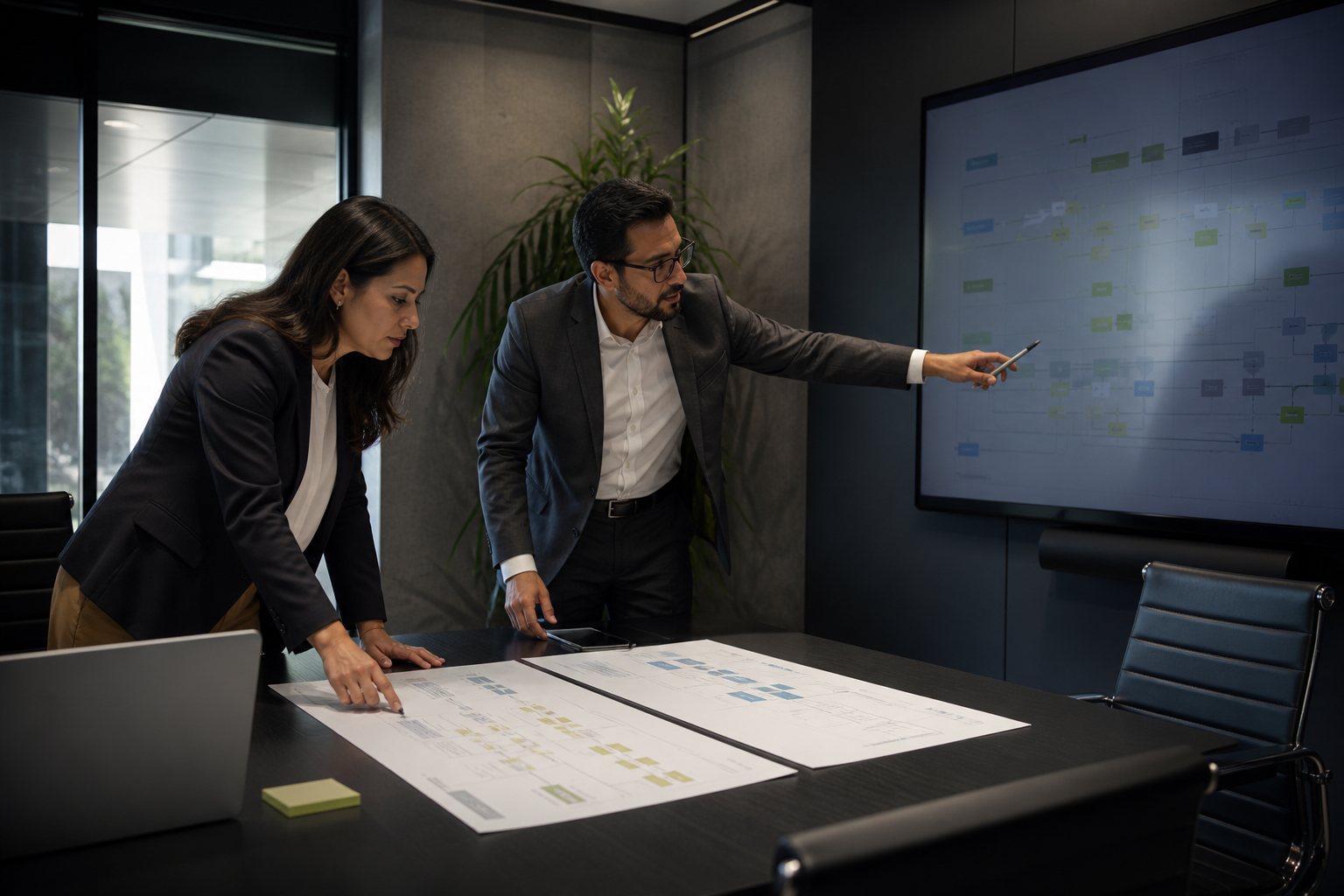 Equipo de operaciones revisando un plan de sistemas conectados